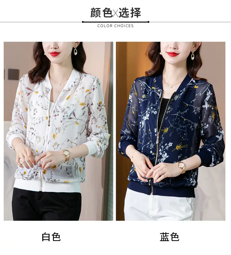 Chiffon Floral Zipper Coat Large Women Summer Wear — feature 10
