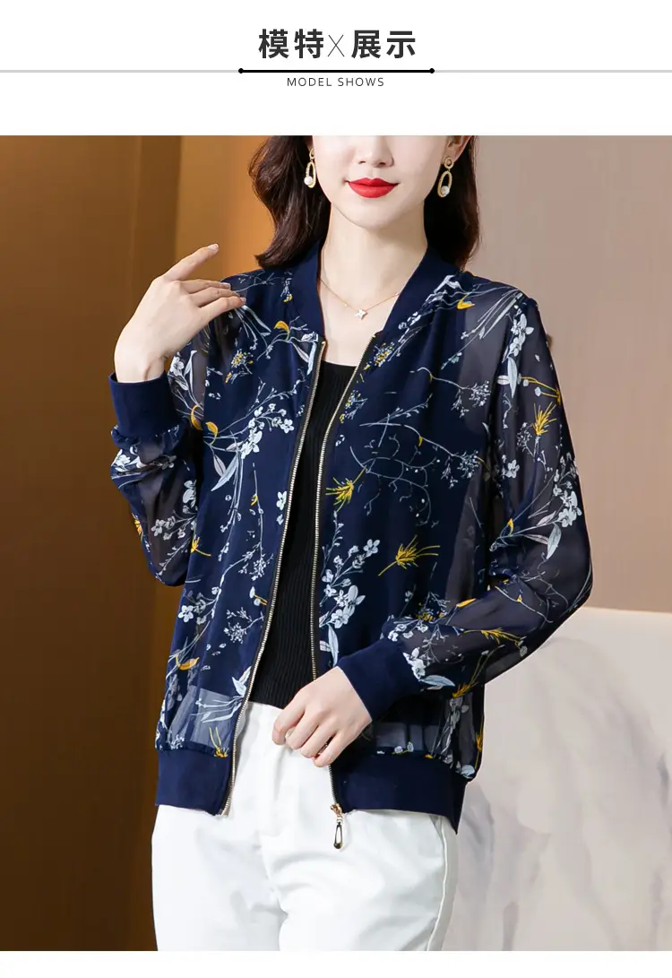 Chiffon Floral Zipper Coat Large Women Summer Wear — feature 13