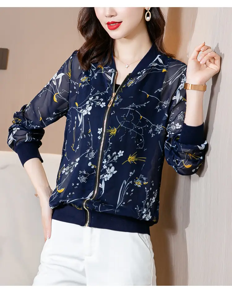 Chiffon Floral Zipper Coat Large Women Summer Wear — feature 15