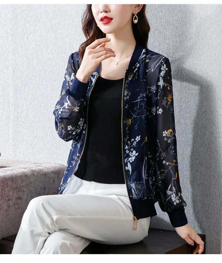 Chiffon Floral Zipper Coat Large Women Summer Wear — feature 16