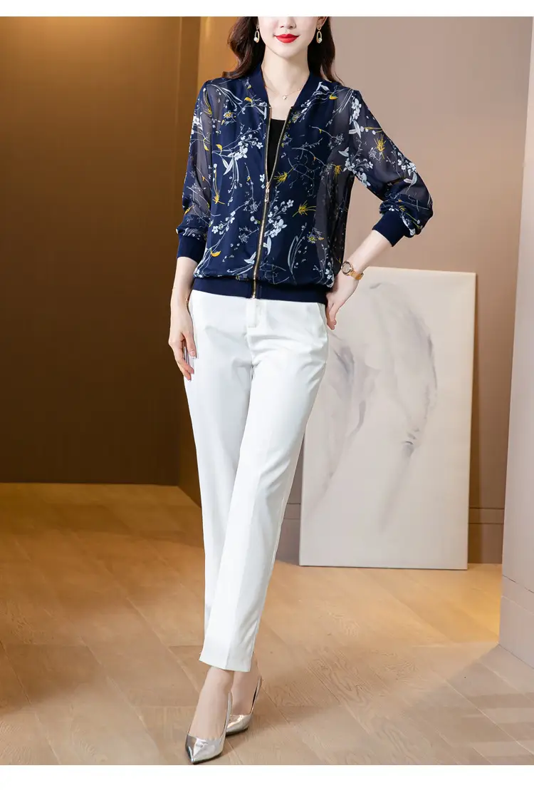 Chiffon Floral Zipper Coat Large Women Summer Wear — feature 19