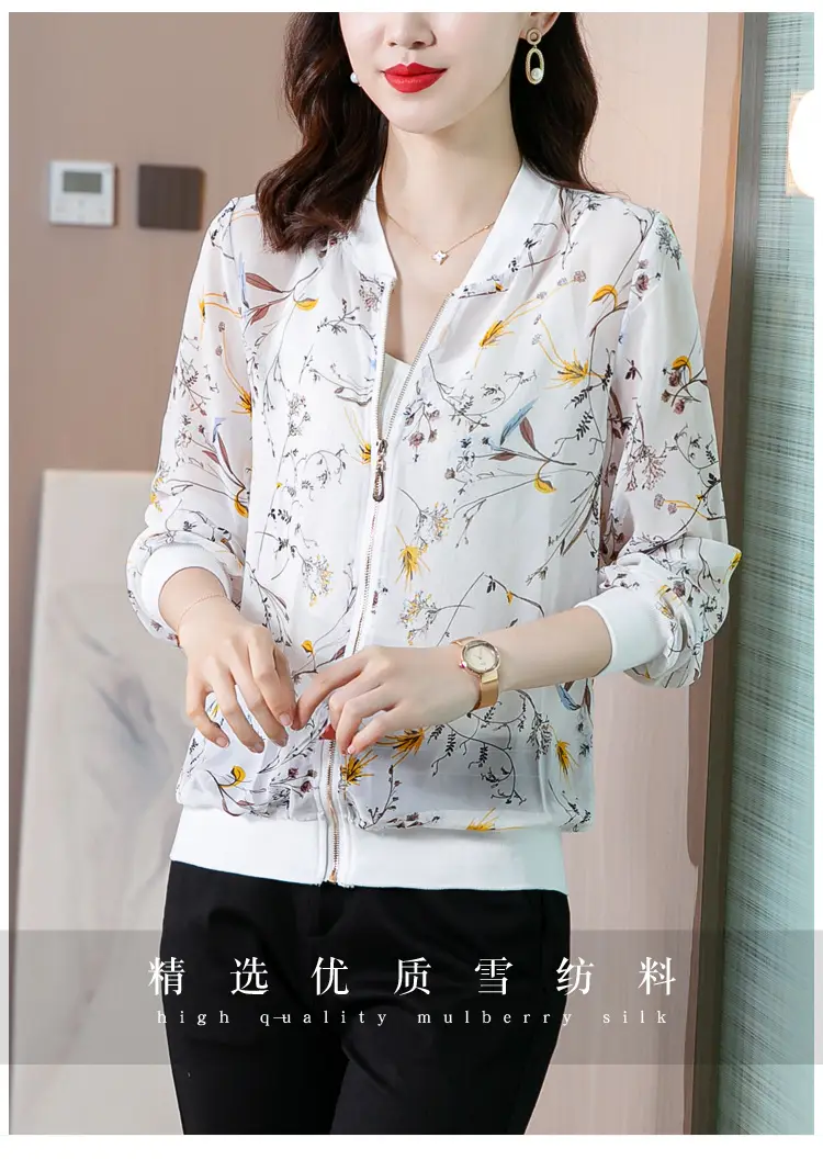 Chiffon Floral Zipper Coat Large Women Summer Wear — feature 2