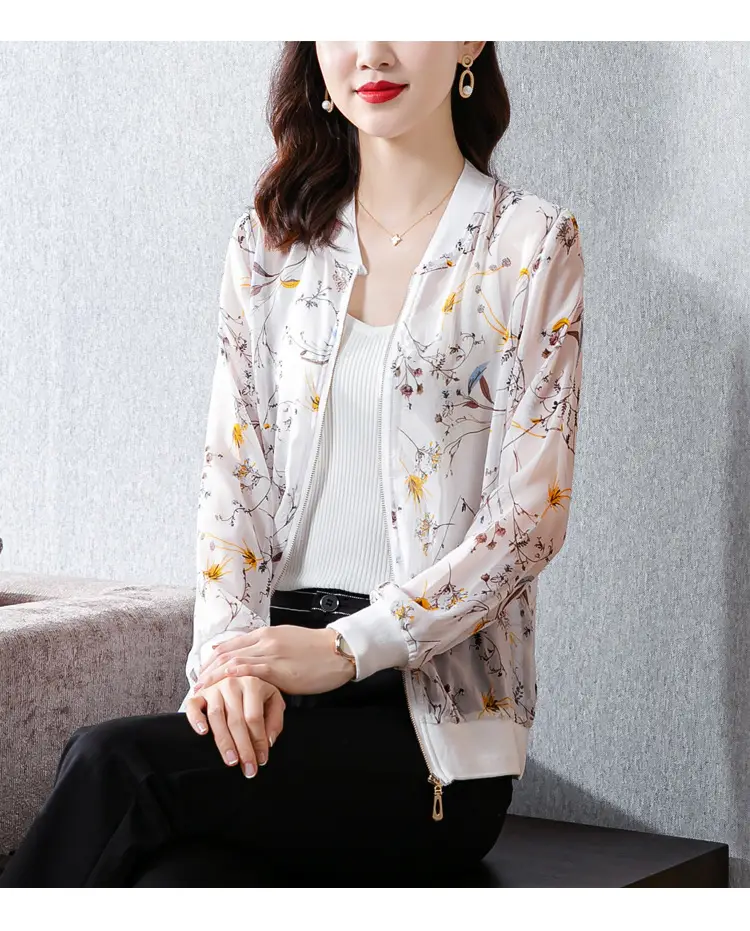 Chiffon Floral Zipper Coat Large Women Summer Wear — feature 24