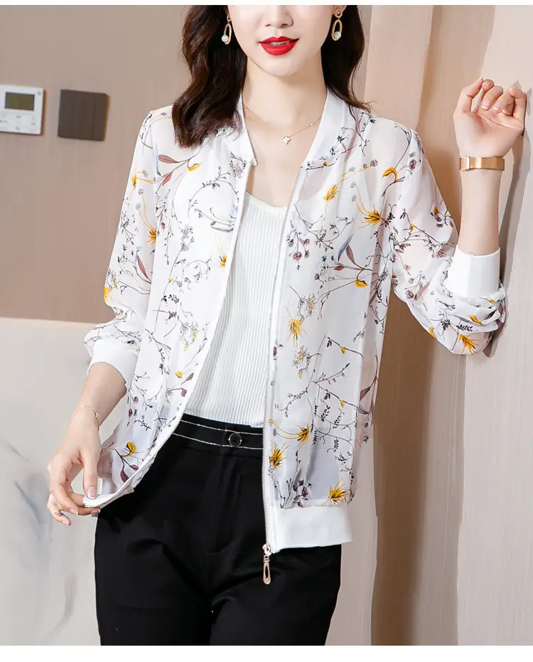 Chiffon Floral Zipper Coat Large Women Summer Wear — feature 25