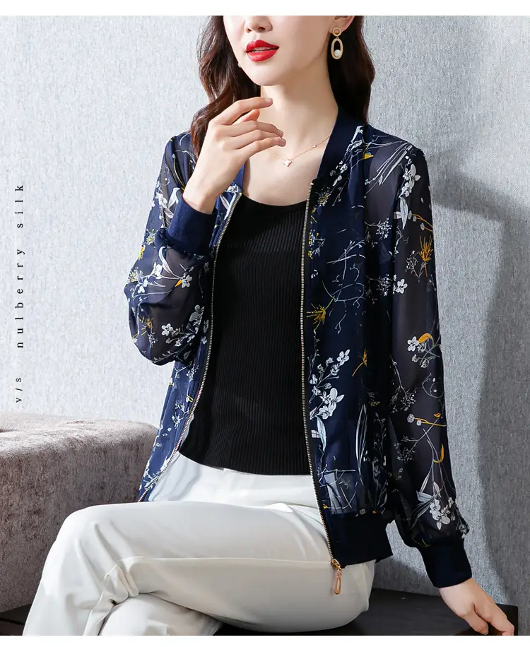 Chiffon Floral Zipper Coat Large Women Summer Wear — feature 3