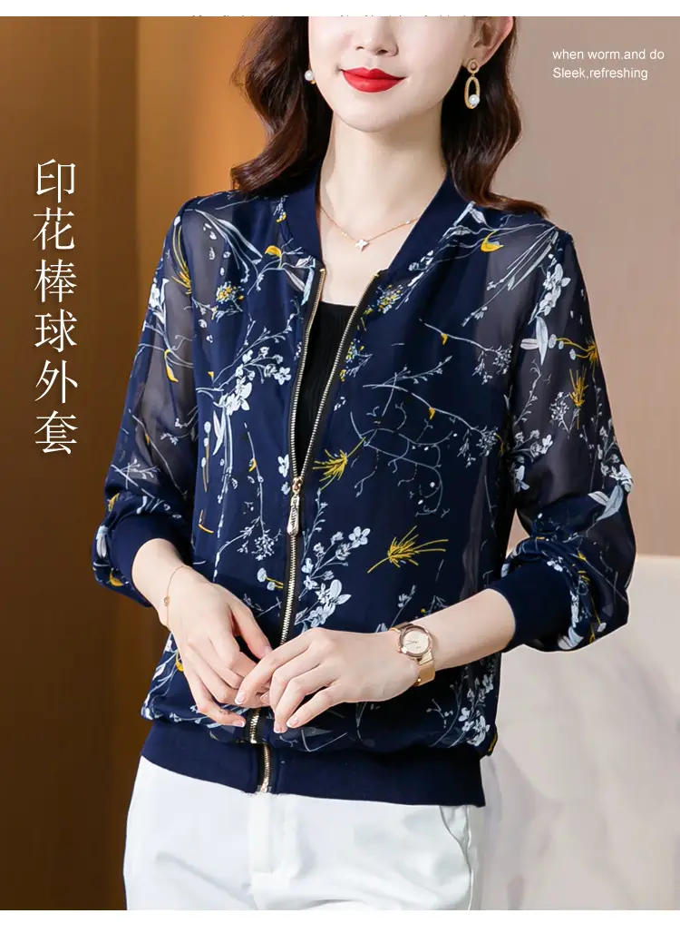 Chiffon Floral Zipper Coat Large Women Summer Wear — feature 4