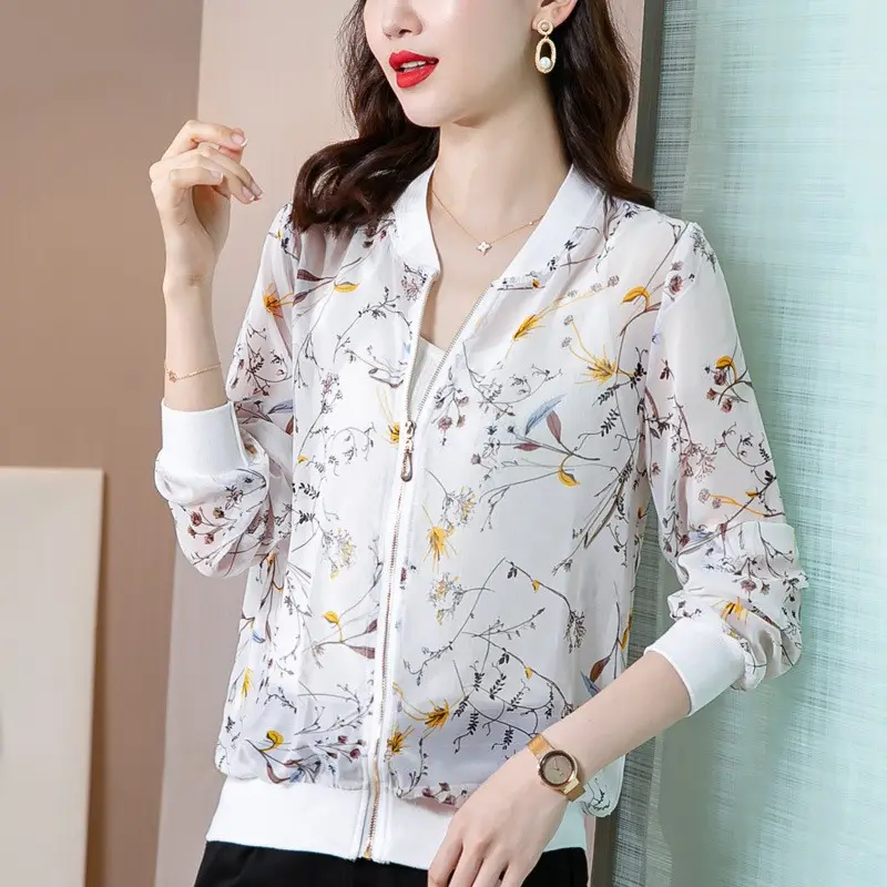 Chiffon Floral Zipper Coat Large Women Summer Wear - Image 2