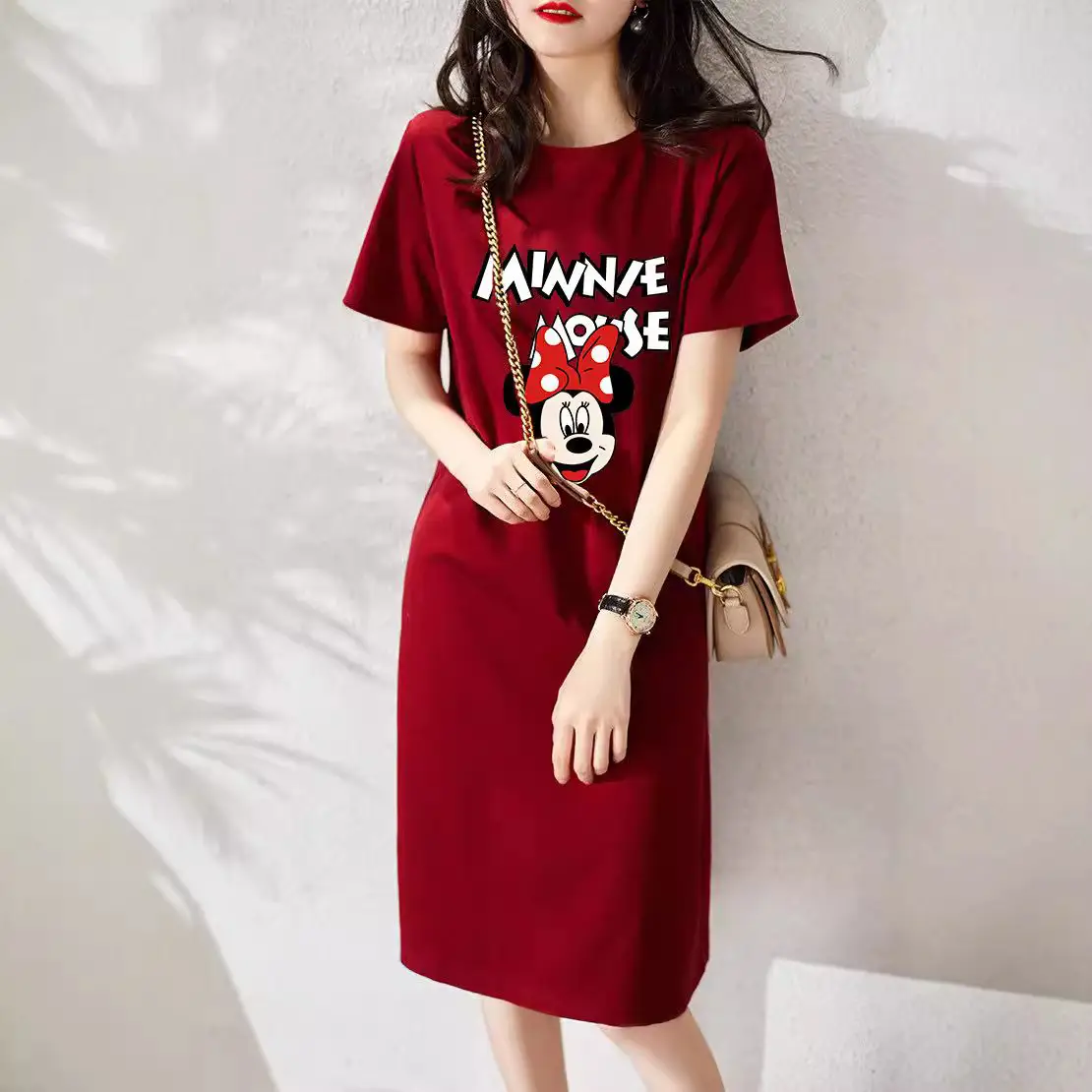 Women Printed T-Shirt Dress Black Mid Length Korean Style - Image 48