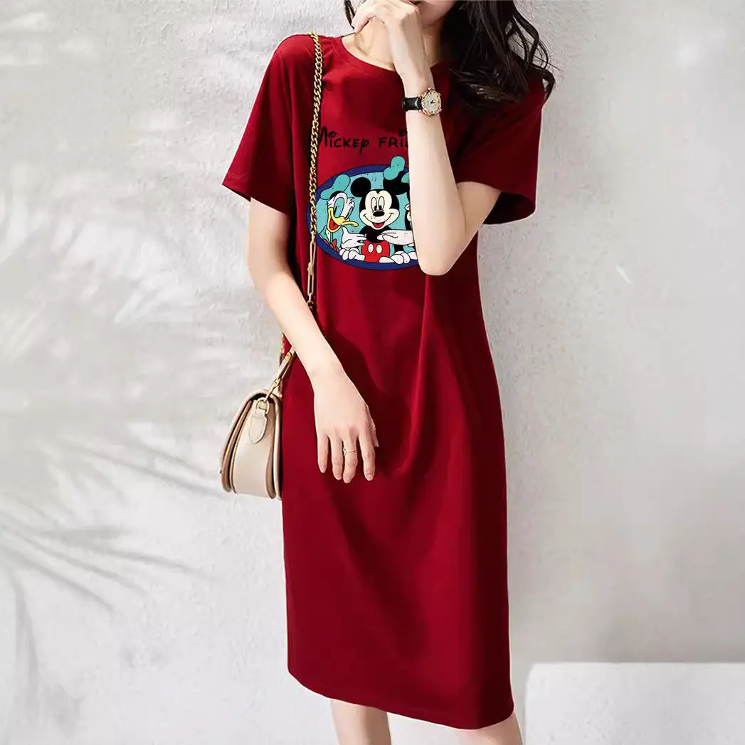 Women Printed T-Shirt Dress Black Mid Length Korean Style - Image 49