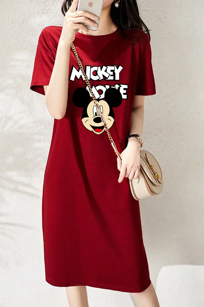 Women Printed T-Shirt Dress Black Mid Length Korean Style — feature 2
