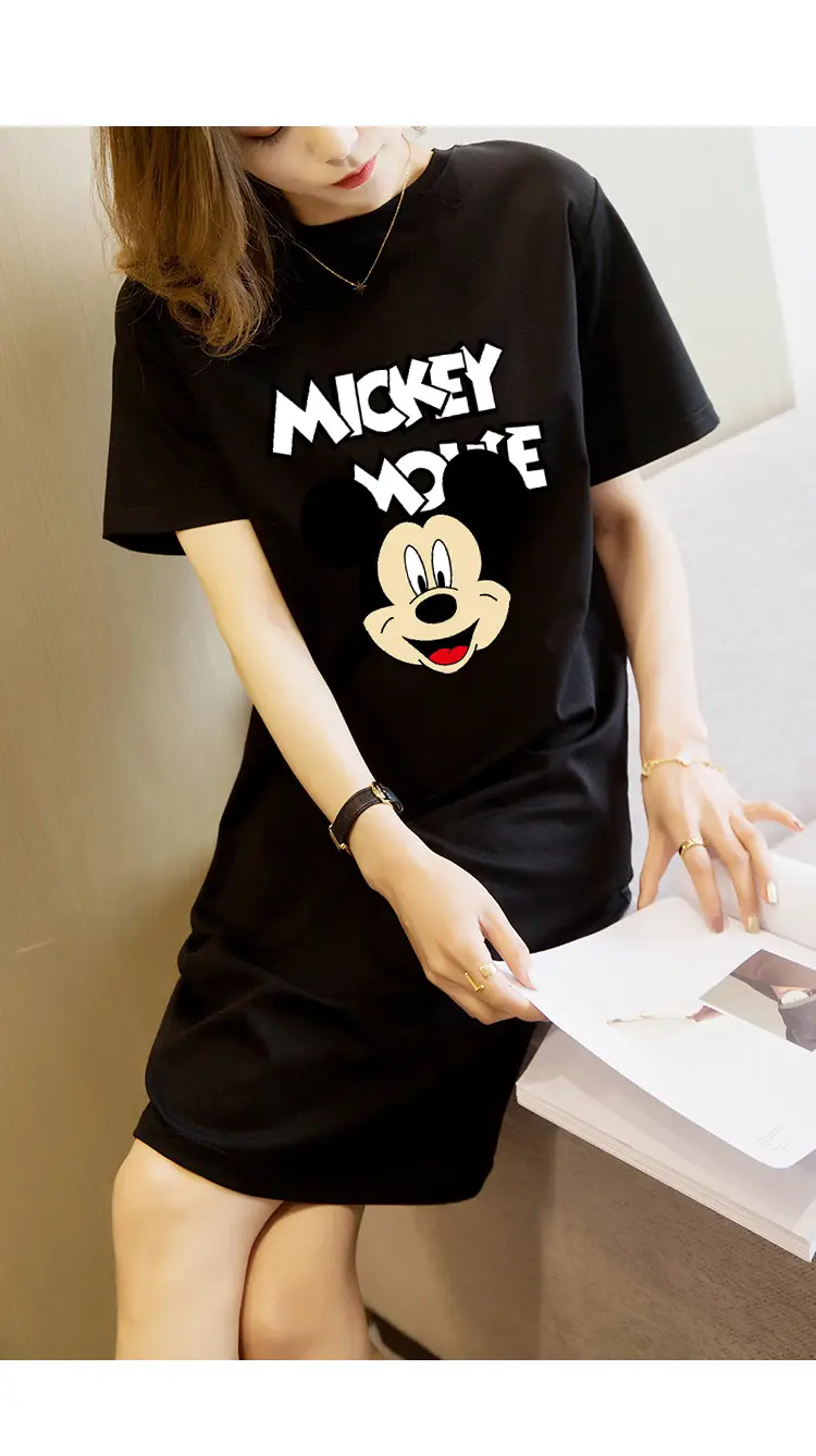 Women Printed T-Shirt Dress Black Mid Length Korean Style — feature 25
