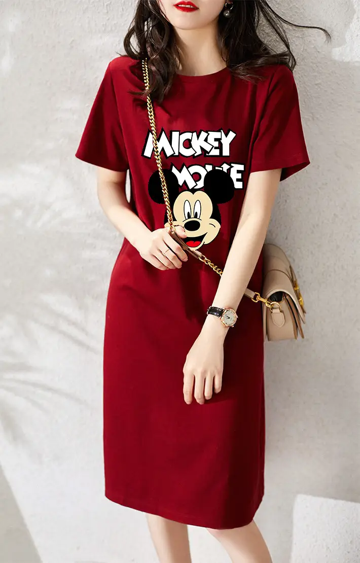 Women Printed T-Shirt Dress Black Mid Length Korean Style — feature 3