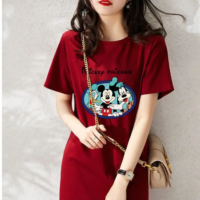 Women Printed T-Shirt Dress Black Mid Length Korean Style - Image 10