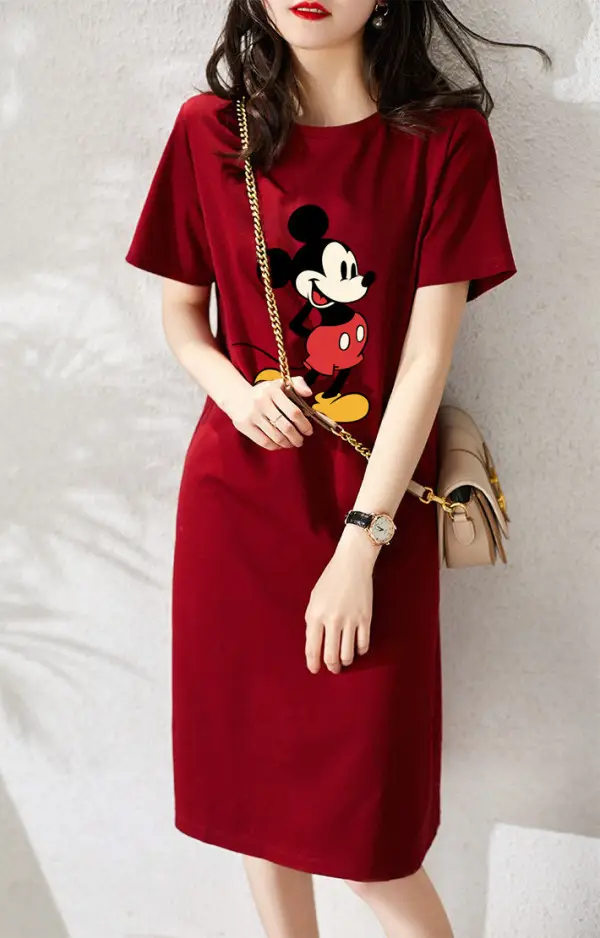 Women Printed T-Shirt Dress Black Mid Length Korean Style - Image 11
