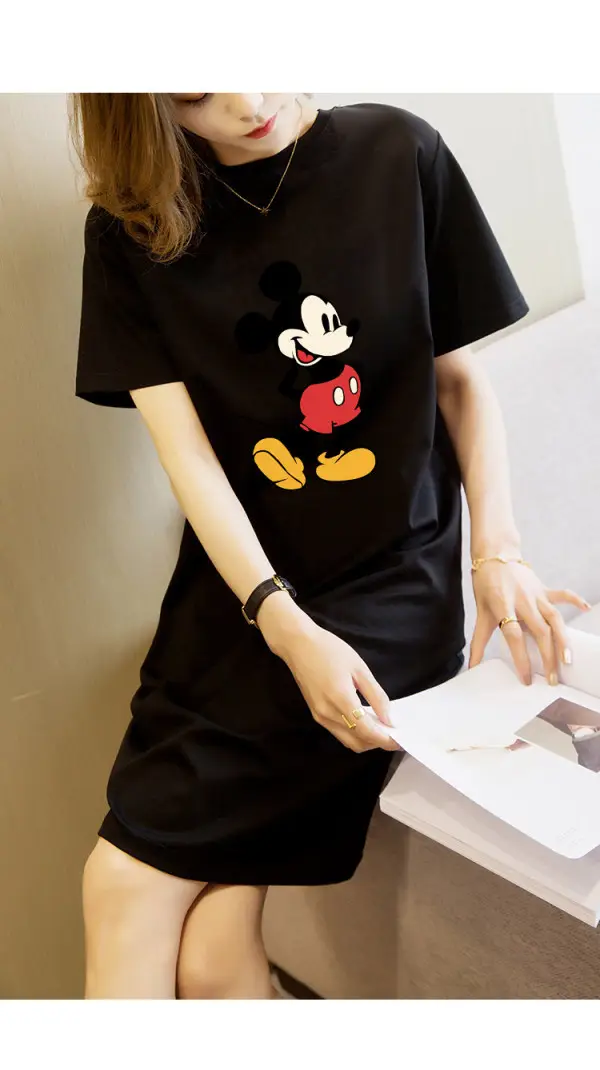 Women Printed T-Shirt Dress Black Mid Length Korean Style - Image 12