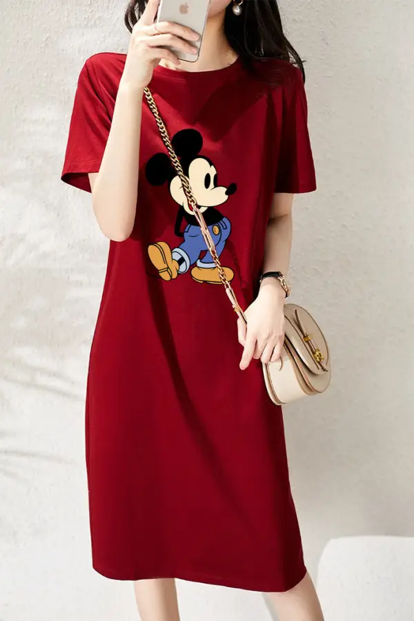Women Printed T-Shirt Dress Black Mid Length Korean Style - Image 13