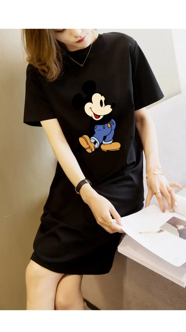 Women Printed T-Shirt Dress Black Mid Length Korean Style - Image 14
