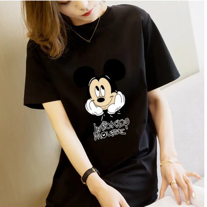 Women Printed T-Shirt Dress Black Mid Length Korean Style - Image 17