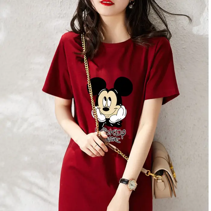 Women Printed T-Shirt Dress Black Mid Length Korean Style - Image 18