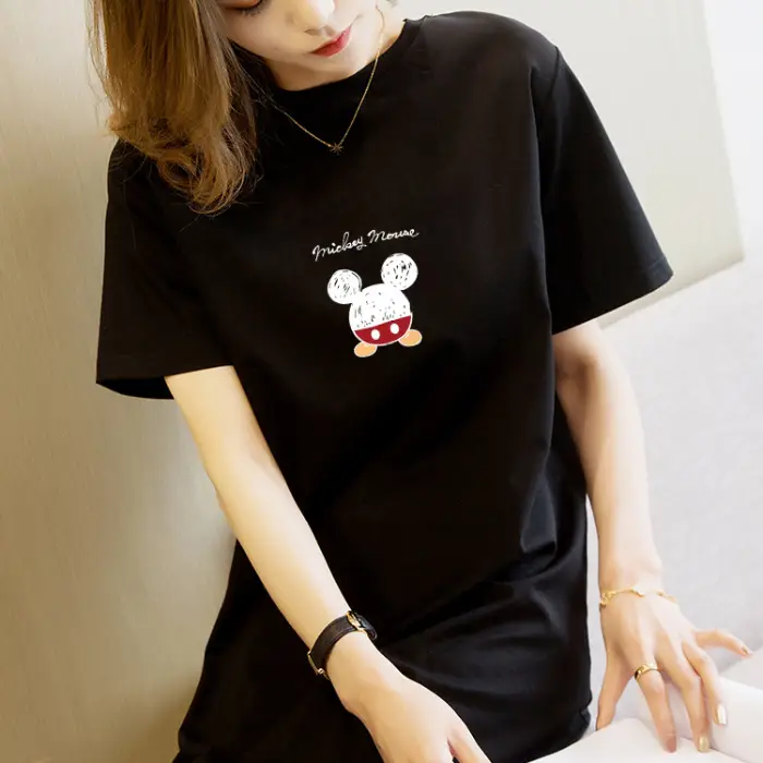 Women Printed T-Shirt Dress Black Mid Length Korean Style - Image 19