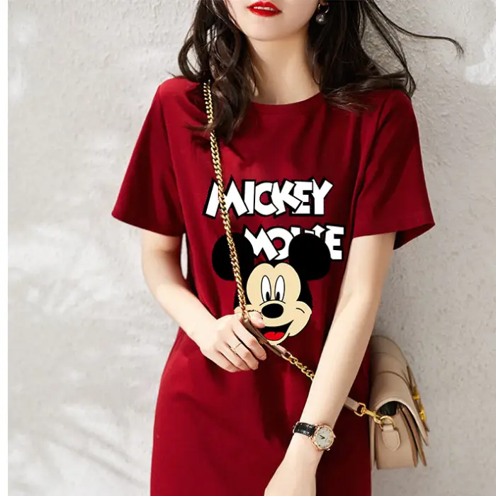 Women Printed T-Shirt Dress Black Mid Length Korean Style - Image 2