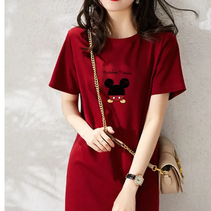 Women Printed T-Shirt Dress Black Mid Length Korean Style - Image 20