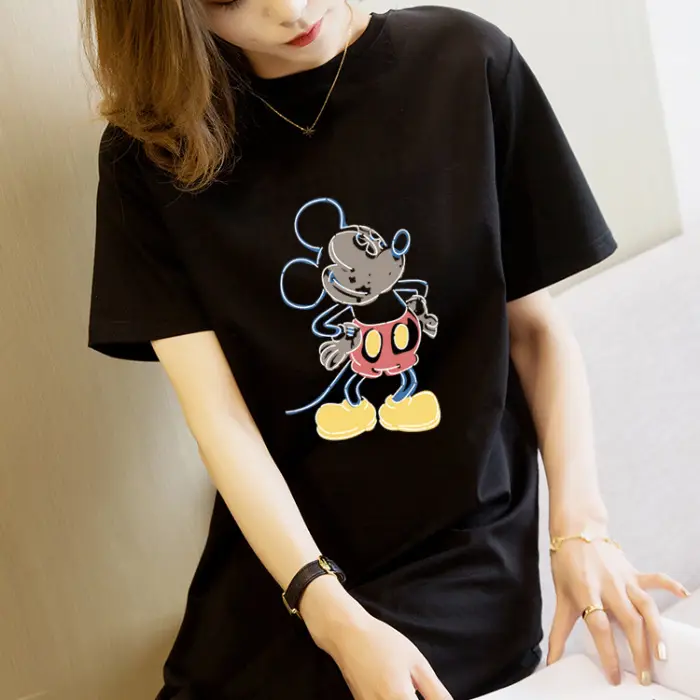 Women Printed T-Shirt Dress Black Mid Length Korean Style - Image 21