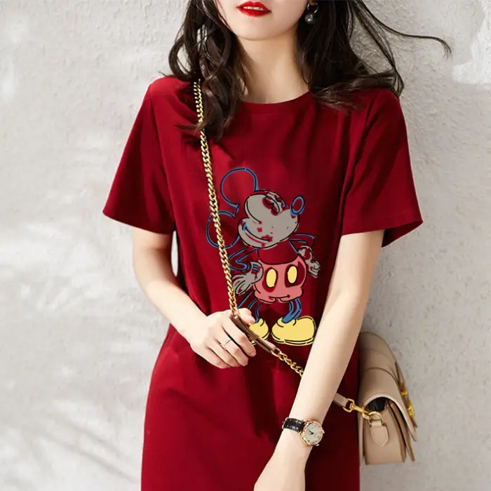 Women Printed T-Shirt Dress Black Mid Length Korean Style - Image 22