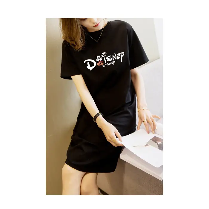 Women Printed T-Shirt Dress Black Mid Length Korean Style - Image 23