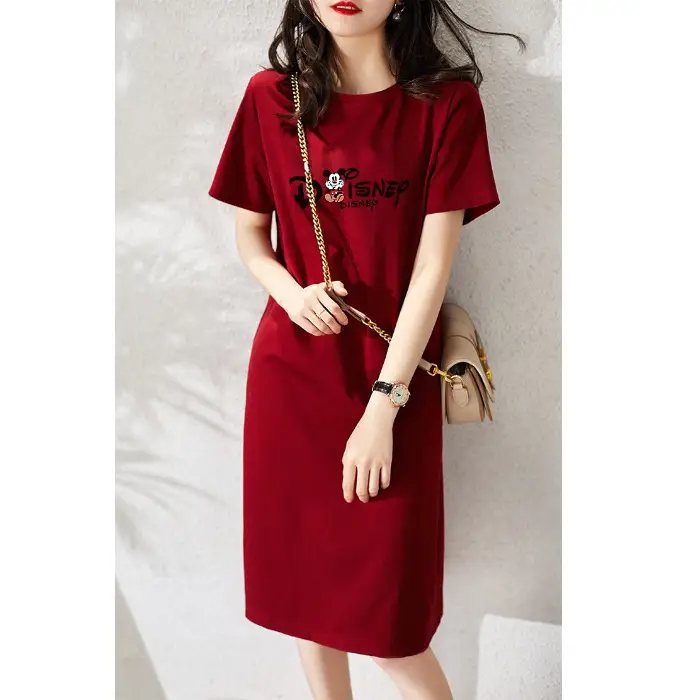 Women Printed T-Shirt Dress Black Mid Length Korean Style - Image 24