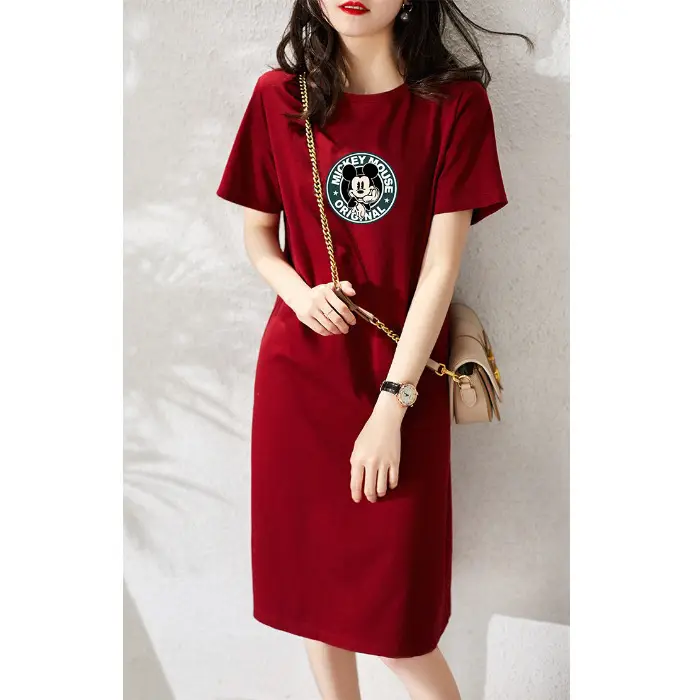 Women Printed T-Shirt Dress Black Mid Length Korean Style - Image 26