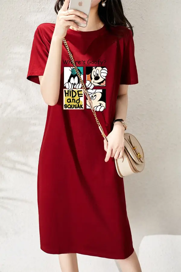 Women Printed T-Shirt Dress Black Mid Length Korean Style - Image 27
