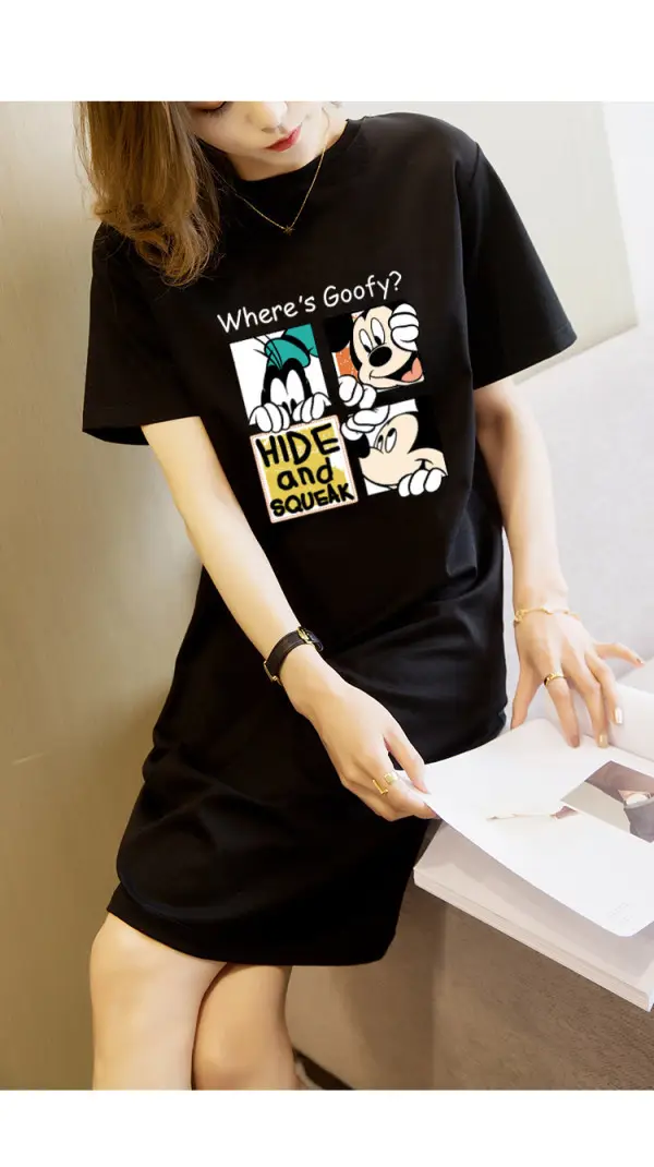 Women Printed T-Shirt Dress Black Mid Length Korean Style - Image 28