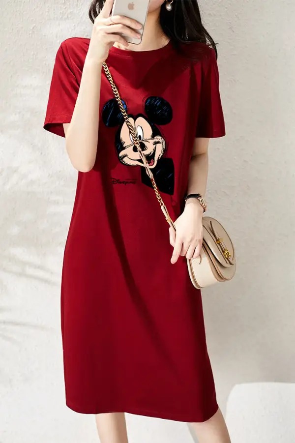 Women Printed T-Shirt Dress Black Mid Length Korean Style - Image 29