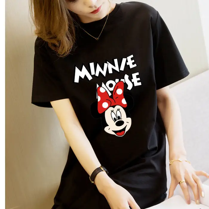 Women Printed T-Shirt Dress Black Mid Length Korean Style - Image 3
