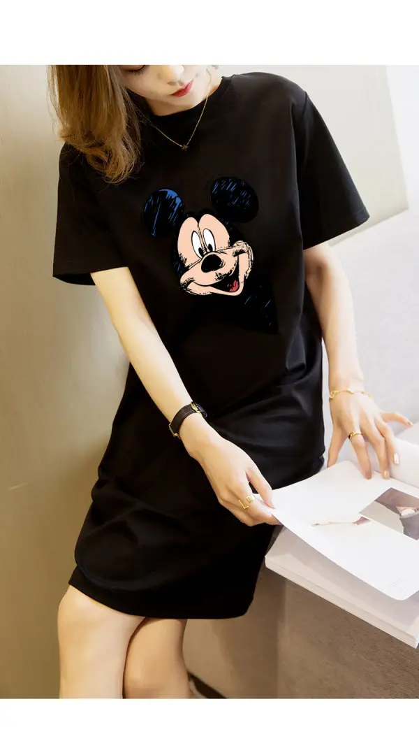 Women Printed T-Shirt Dress Black Mid Length Korean Style - Image 30
