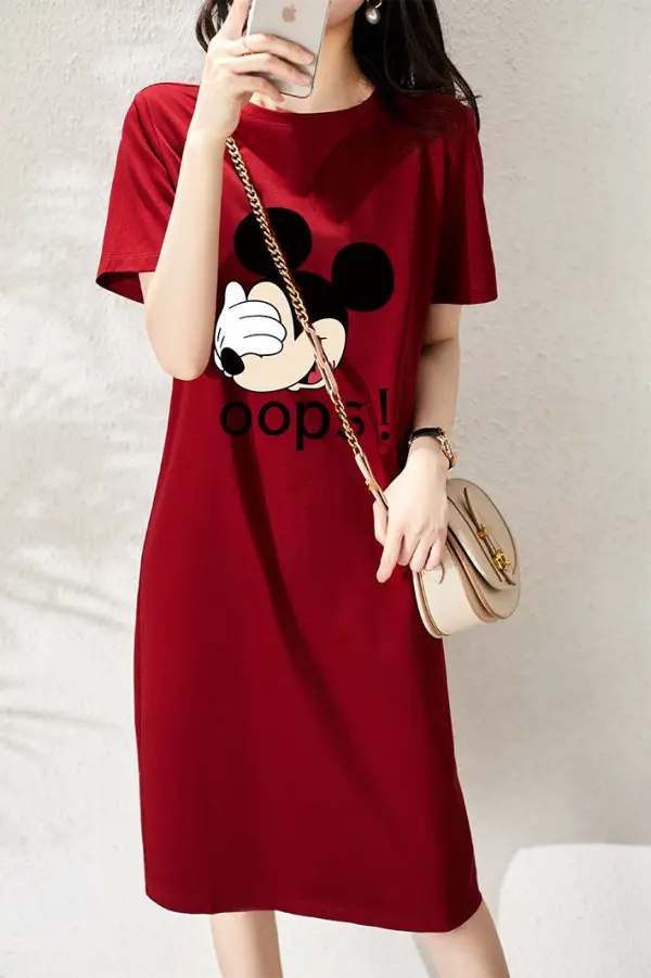Women Printed T-Shirt Dress Black Mid Length Korean Style - Image 31