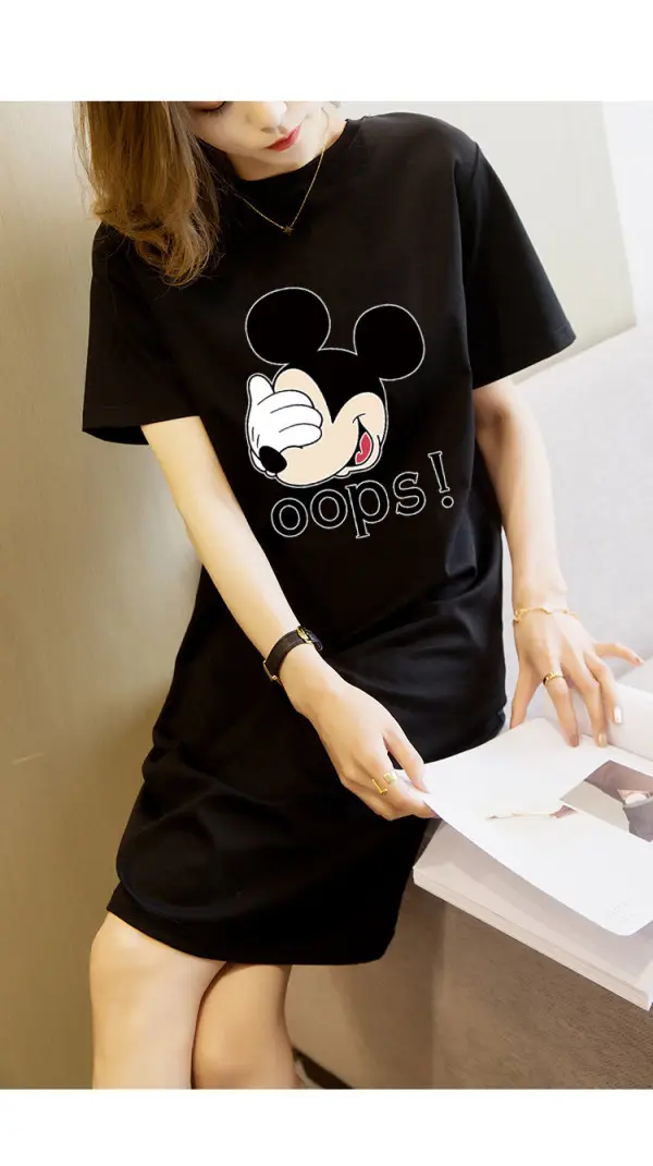 Women Printed T-Shirt Dress Black Mid Length Korean Style - Image 32