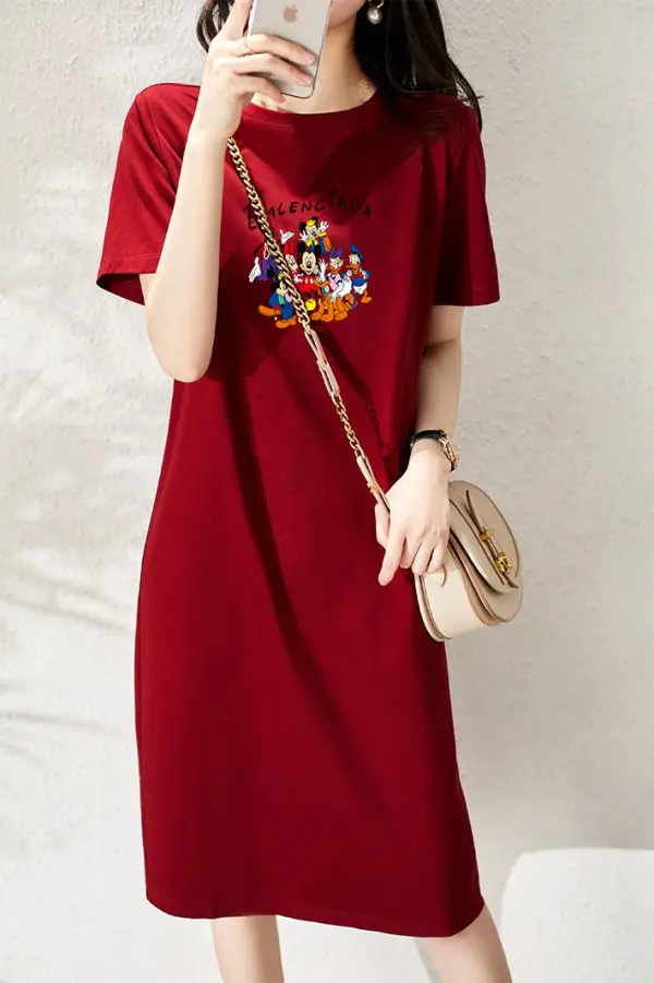 Women Printed T-Shirt Dress Black Mid Length Korean Style - Image 33
