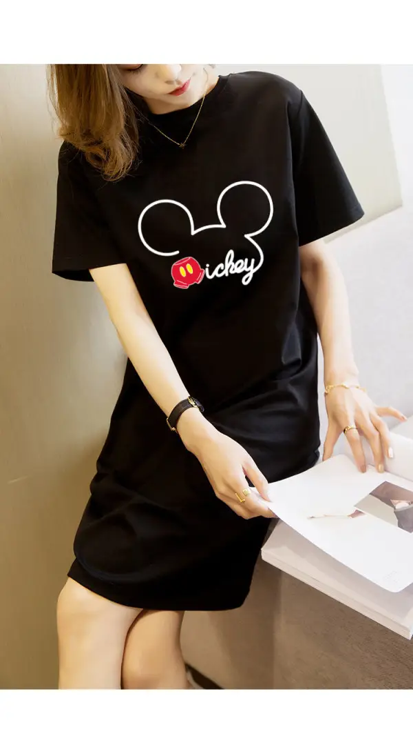 Women Printed T-Shirt Dress Black Mid Length Korean Style - Image 38