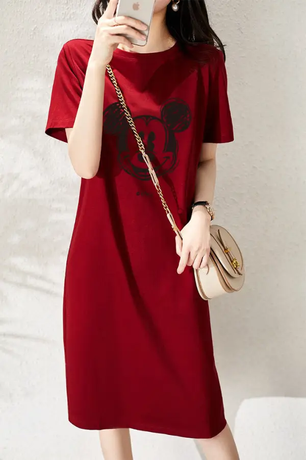 Women Printed T-Shirt Dress Black Mid Length Korean Style - Image 39