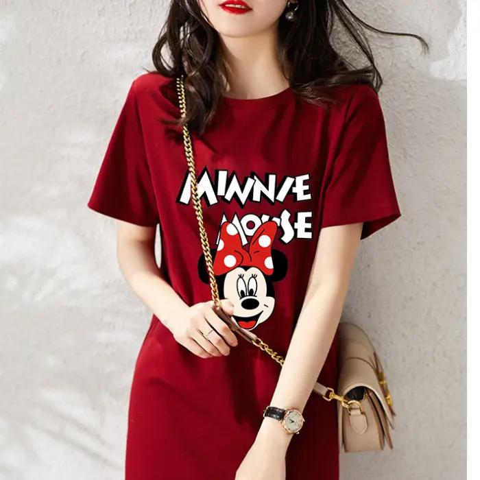 Women Printed T-Shirt Dress Black Mid Length Korean Style - Image 4