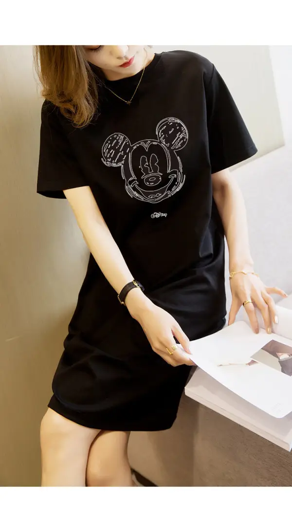 Women Printed T-Shirt Dress Black Mid Length Korean Style - Image 40