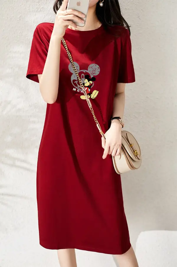 Women Printed T-Shirt Dress Black Mid Length Korean Style - Image 41