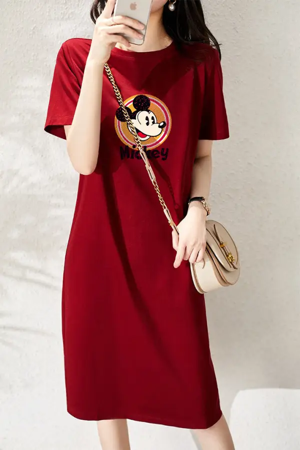 Women Printed T-Shirt Dress Black Mid Length Korean Style - Image 43