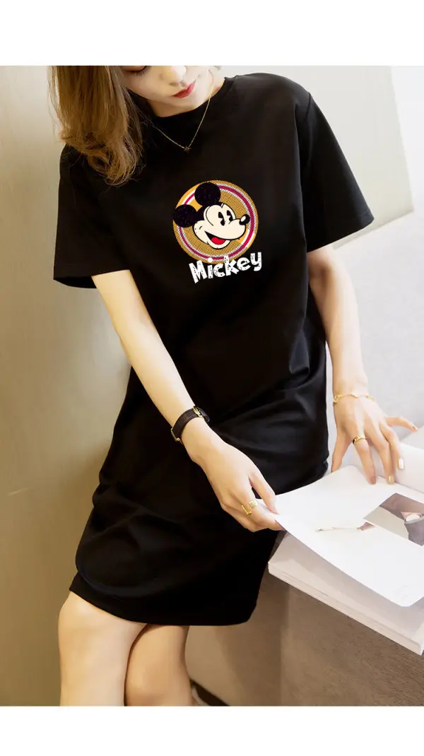 Women Printed T-Shirt Dress Black Mid Length Korean Style - Image 44