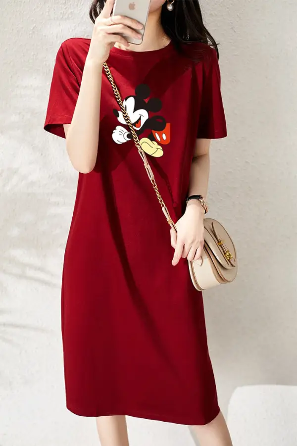 Women Printed T-Shirt Dress Black Mid Length Korean Style - Image 45
