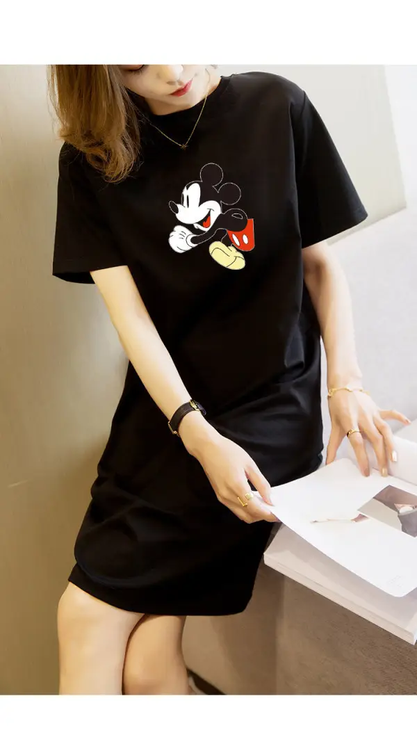 Women Printed T-Shirt Dress Black Mid Length Korean Style - Image 46