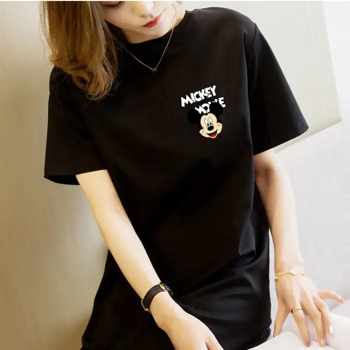 Women Printed T-Shirt Dress Black Mid Length Korean Style - Image 5
