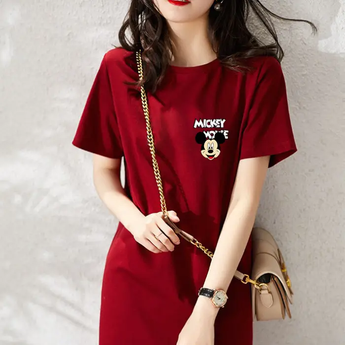 Women Printed T-Shirt Dress Black Mid Length Korean Style - Image 6